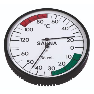 Termo-vlhkoměr do saun v černém pouzdře, bílé bimetalové hodiny, Eliga kulaté, 160 mm